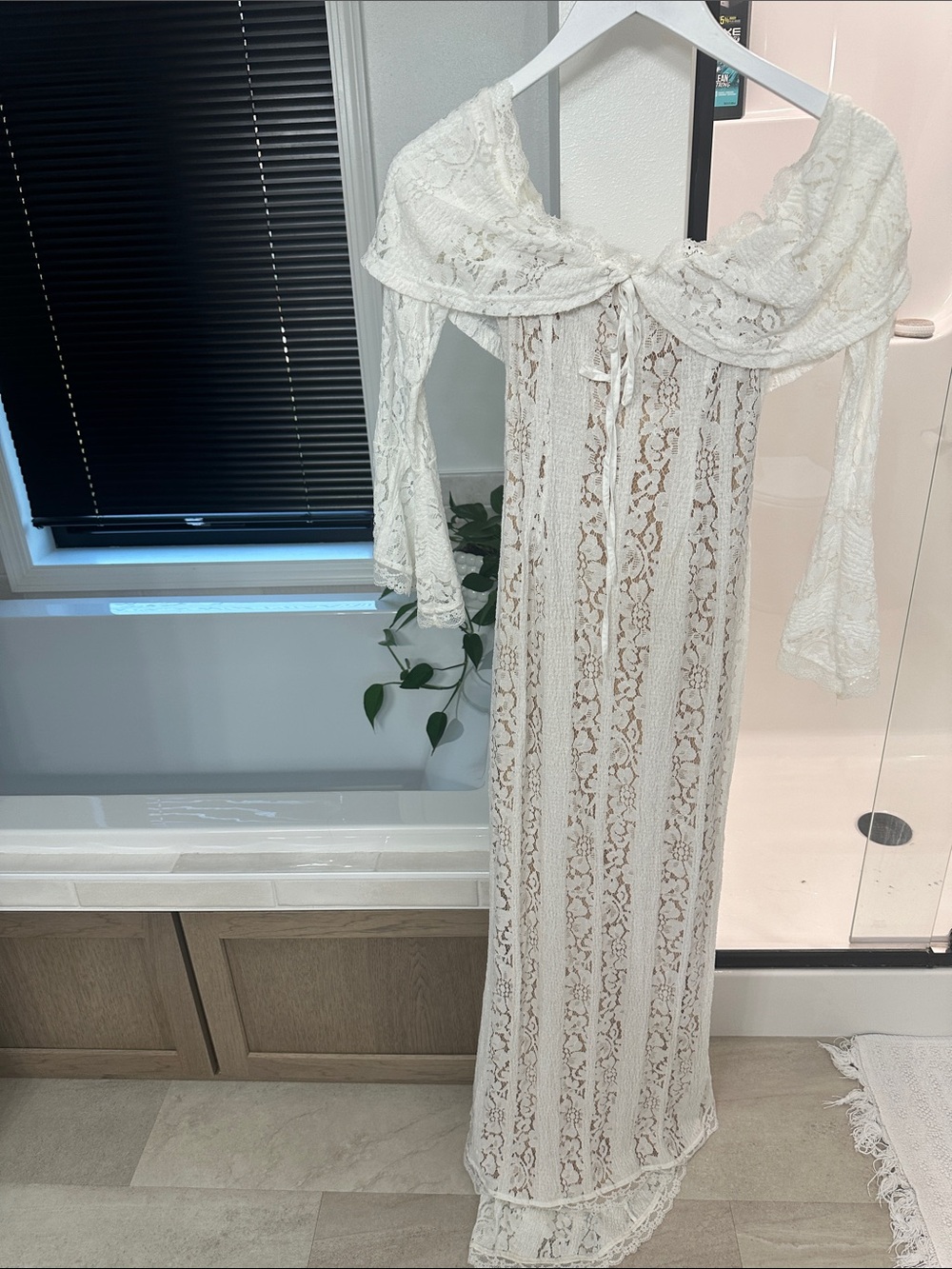 Amazon White Lace Off-Shoulder Maxi Robe with Tie Front